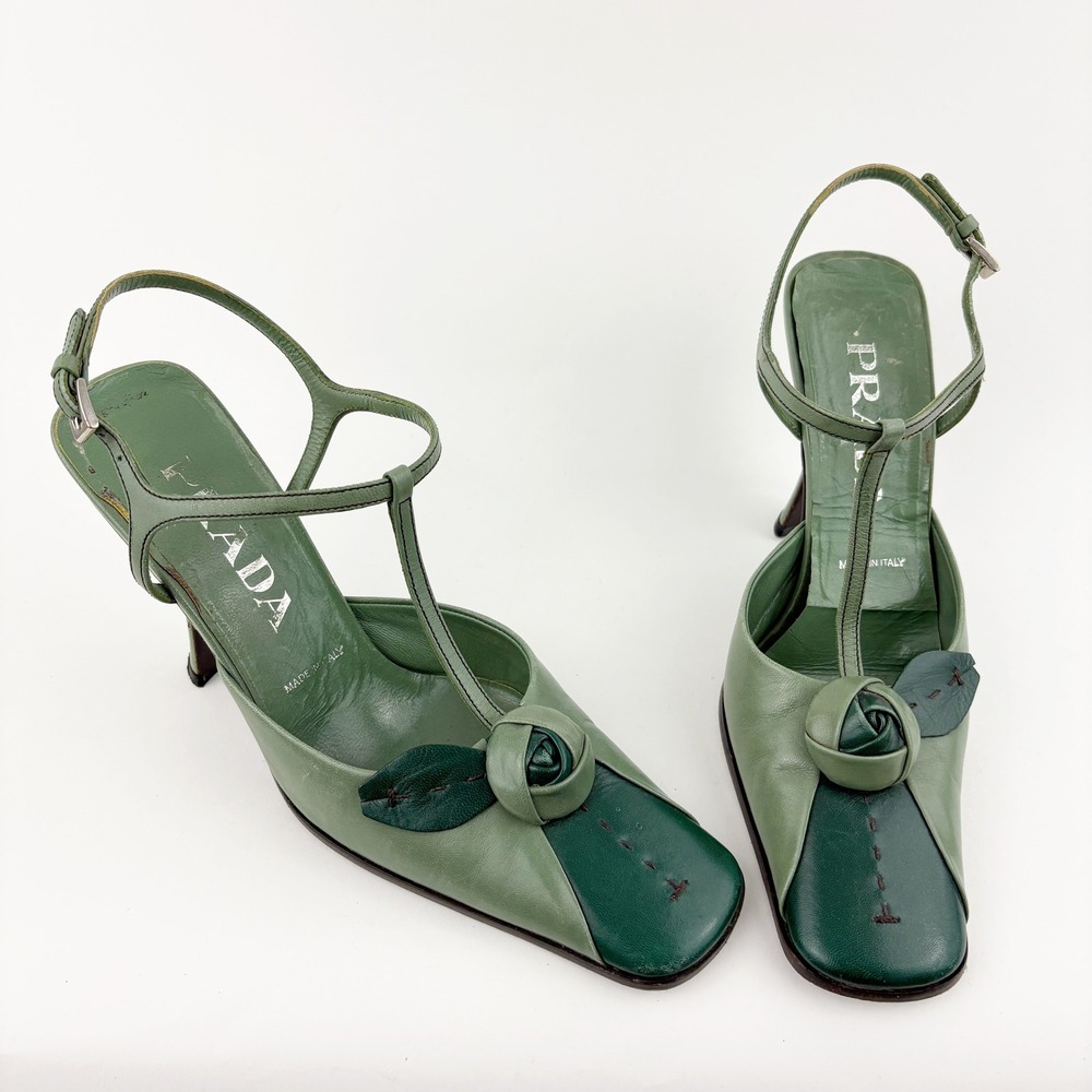 Vintage Prada Green Leather Rose T Strap Heels Size 36 Floral Knot Square Toe - Picture 3 of 14